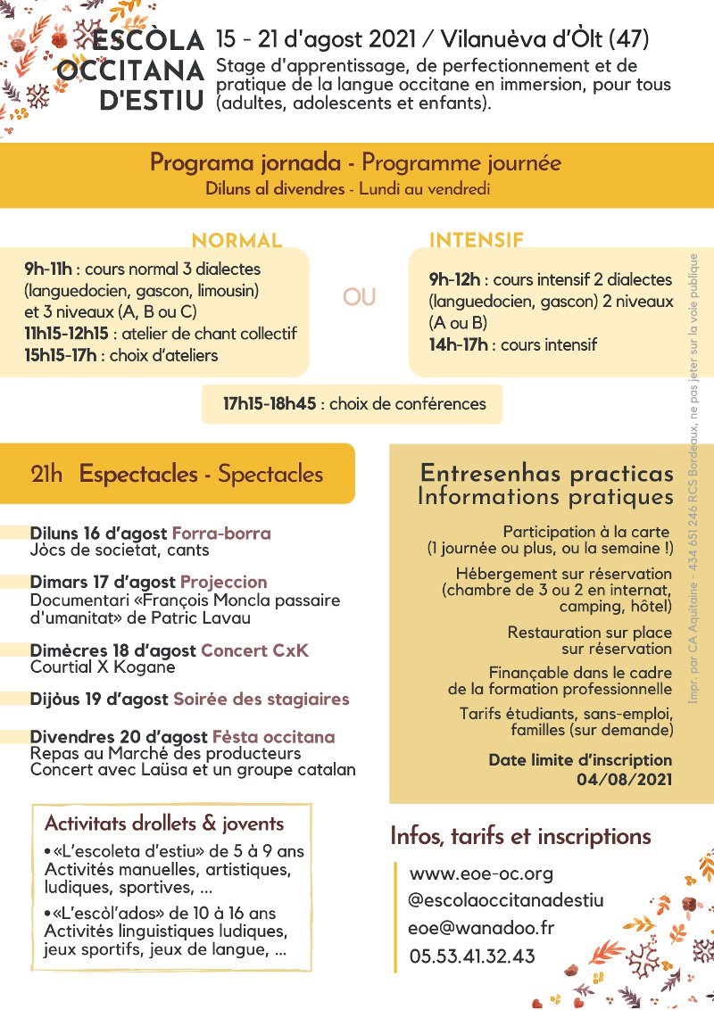 Vilanòva d'Òlt : Universitat Occitana d'Estiu de 2021